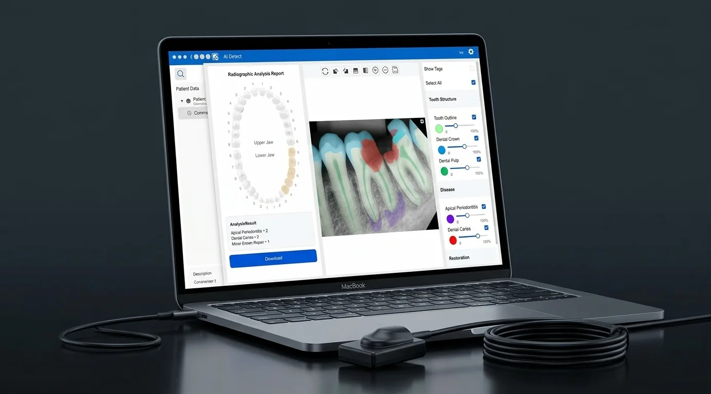 Notebook com o software de imagem e o módulo de IA aberto, sensor Evo-T conectado via USB